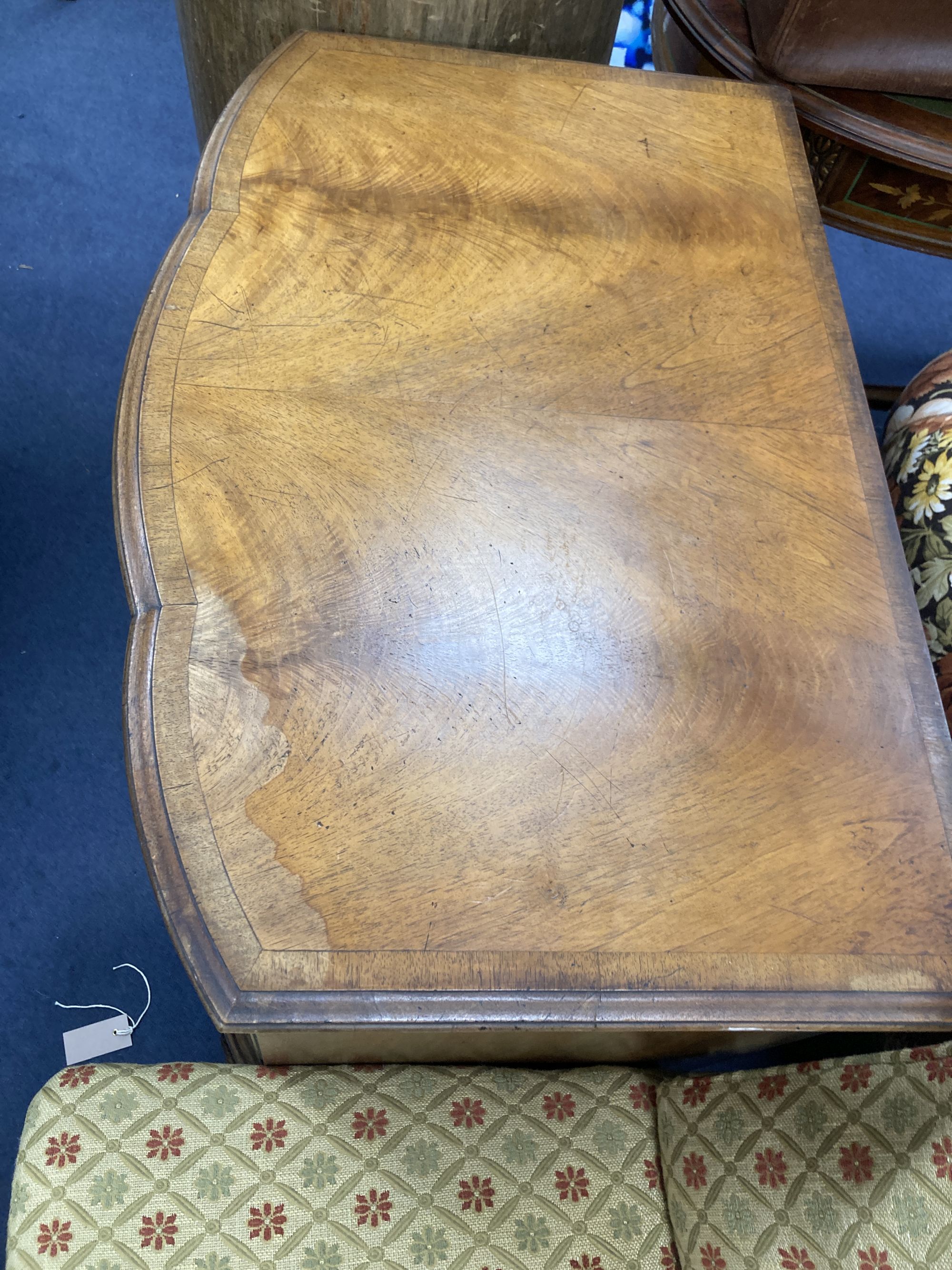 A Queen Anne revival walnut bow front three drawer chest, width 76cm, depth 50cm, height 77cm